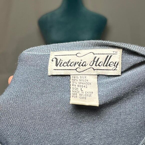 Vintage Victoria Holley Silk Blend Cardigan Sweater Slate Blue size large preppy - Picture 6 of 6